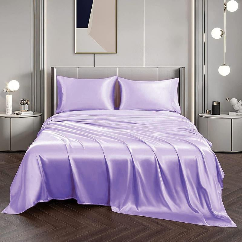 Solid Color Satin Bedding Set, 3/4 Counts Luxury Bedroom Microfiber Sheets Includes 1 Flat Sheet, 1 Fitted Sheet, and 1/2 Pillowcase without Filler, Room Accessories Soft Mattress Protector, Silky Fitted Sheet, Breathable Sheets, Bed Sets, Bedset