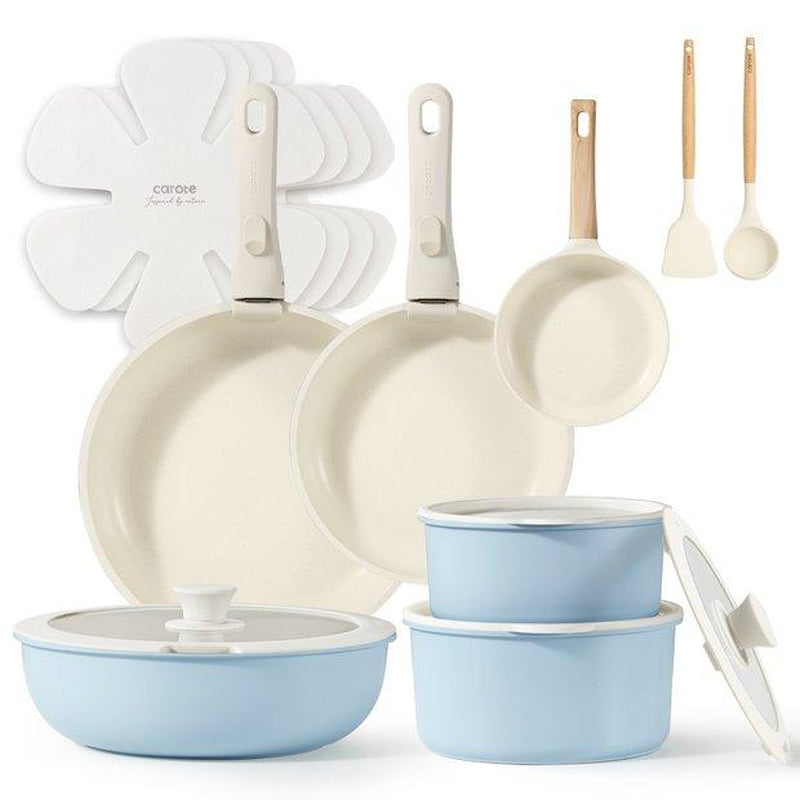 [Official] CAROTE 18Pcs Detachable Handle Nonstick Cookware Set, Blue/Green/Black/Taupe/White, Pots and Pans, Oven Safe Frying Pan, Dishwasher Safe