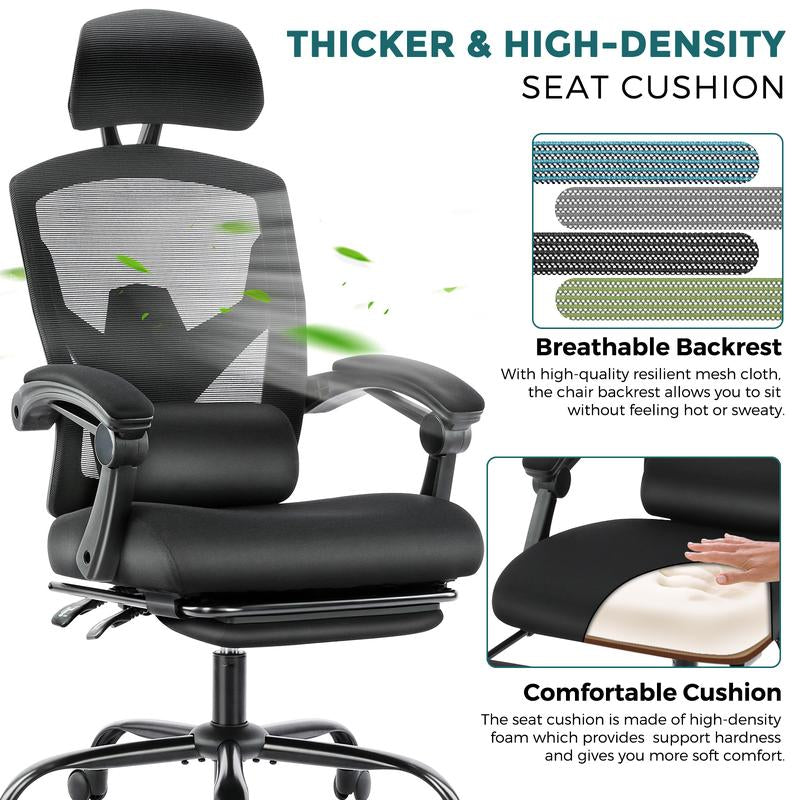 【Back to School】Sweet Furniture Ergonomic Office Chair with Foot Rest and Adjustable Headrest, Mesh Swivel Rolling Task Chair, Height Adjustable, Office Gifts