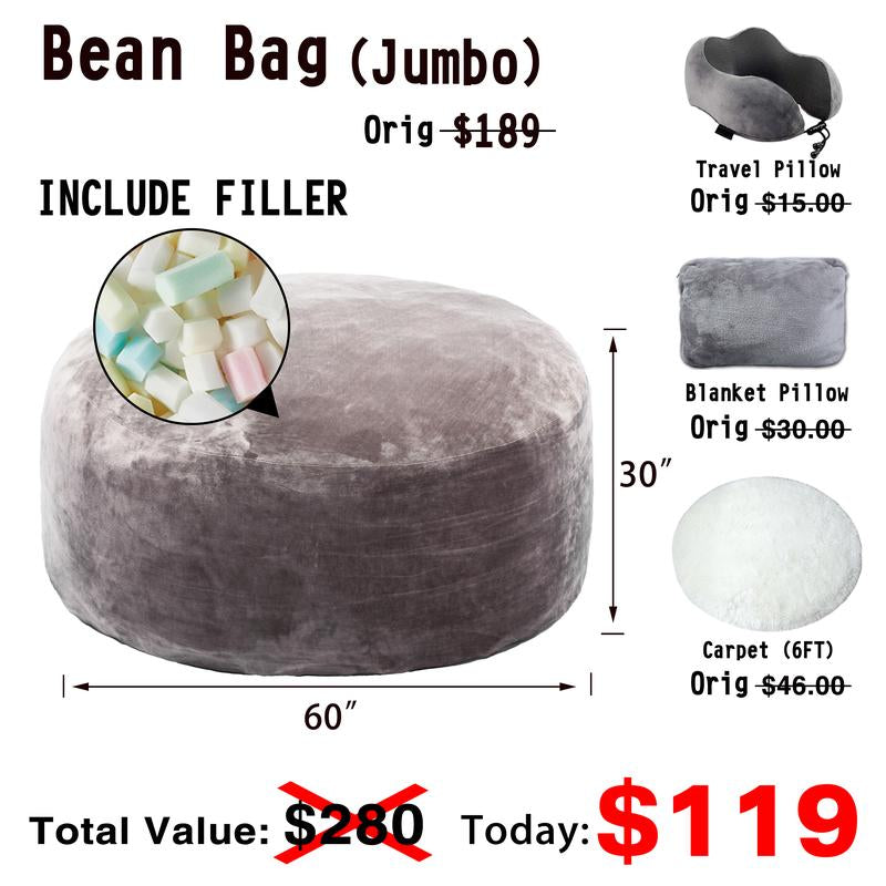3Ft/4Ft/5'Ft/Jumbo(With Filler) Bean Bag Lazy Sofa Beanbag Chair Ship Free High-Rebound Memory Foam Furniture Flannel Cover Removable