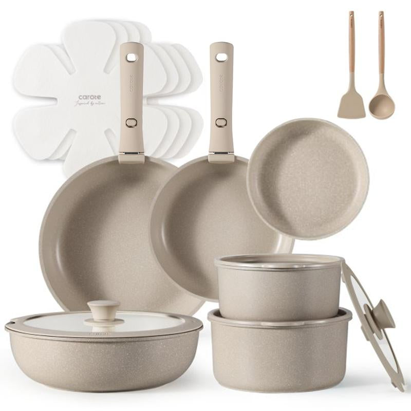 [Official] CAROTE 18Pcs Detachable Handle Nonstick Cookware Set, Blue/Green/Black/Taupe/White, Pots and Pans, Oven Safe Frying Pan, Dishwasher Safe