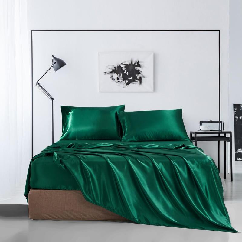 Solid Color Satin Bedding Set, 3/4 Counts Luxury Bedroom Microfiber Sheets Includes 1 Flat Sheet, 1 Fitted Sheet, and 1/2 Pillowcase without Filler, Room Accessories Soft Mattress Protector, Silky Fitted Sheet, Breathable Sheets, Bed Sets, Bedset