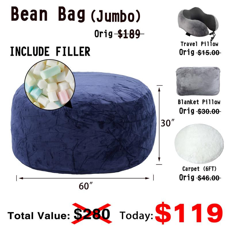3Ft/4Ft/5'Ft/Jumbo(With Filler) Bean Bag Lazy Sofa Beanbag Chair Ship Free High-Rebound Memory Foam Furniture Flannel Cover Removable