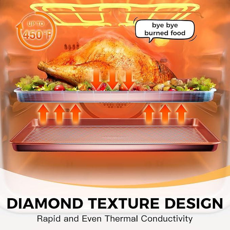 [Dealsforyou]Hongbake Diamond-Texture Baking Sheet Pan Set, Non-Stick Cookie Sheets, Teflon-Free Heavy Duty Bakeware - 3 Sizes, Baker, Pink Kitchenware Cooking