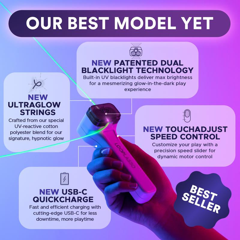 Loop Lasso® NANO - the Original Glow-In-The-Dark String Shooter Toy W/ Dual Built-In UV Blacklights - Safe Fun Adult & Kids Rope Launcher Gift - Viral Fidget Toy Gadget - Music Festival Rave Dance Accessory