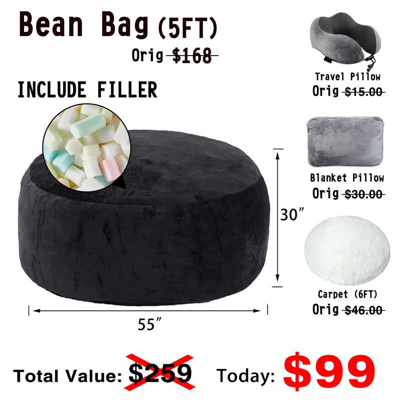 3Ft/4Ft/5'Ft/Jumbo(With Filler) Bean Bag Lazy Sofa Beanbag Chair Ship Free High-Rebound Memory Foam Furniture Flannel Cover Removable