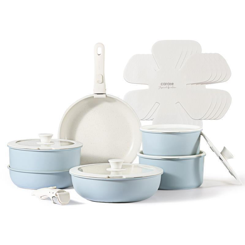 [Official] CAROTE 18Pcs Detachable Handle Nonstick Cookware Set, Blue/Green/Black/Taupe/White, Pots and Pans, Oven Safe Frying Pan, Dishwasher Safe