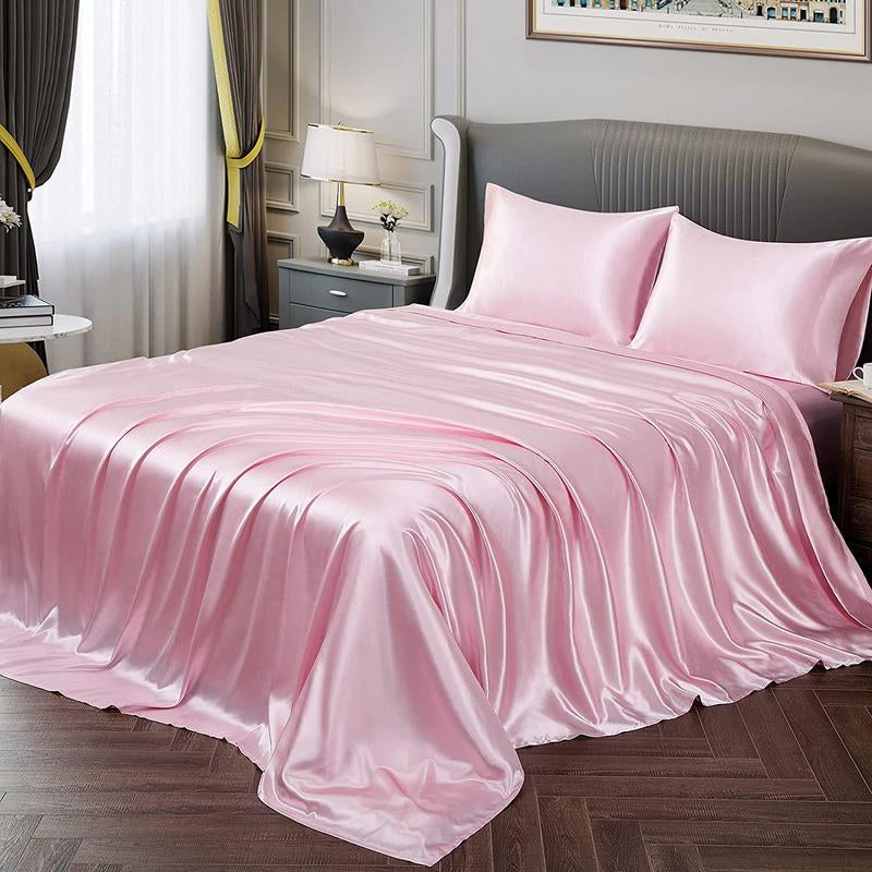 Solid Color Satin Bedding Set, 3/4 Counts Luxury Bedroom Microfiber Sheets Includes 1 Flat Sheet, 1 Fitted Sheet, and 1/2 Pillowcase without Filler, Room Accessories Soft Mattress Protector, Silky Fitted Sheet, Breathable Sheets, Bed Sets, Bedset