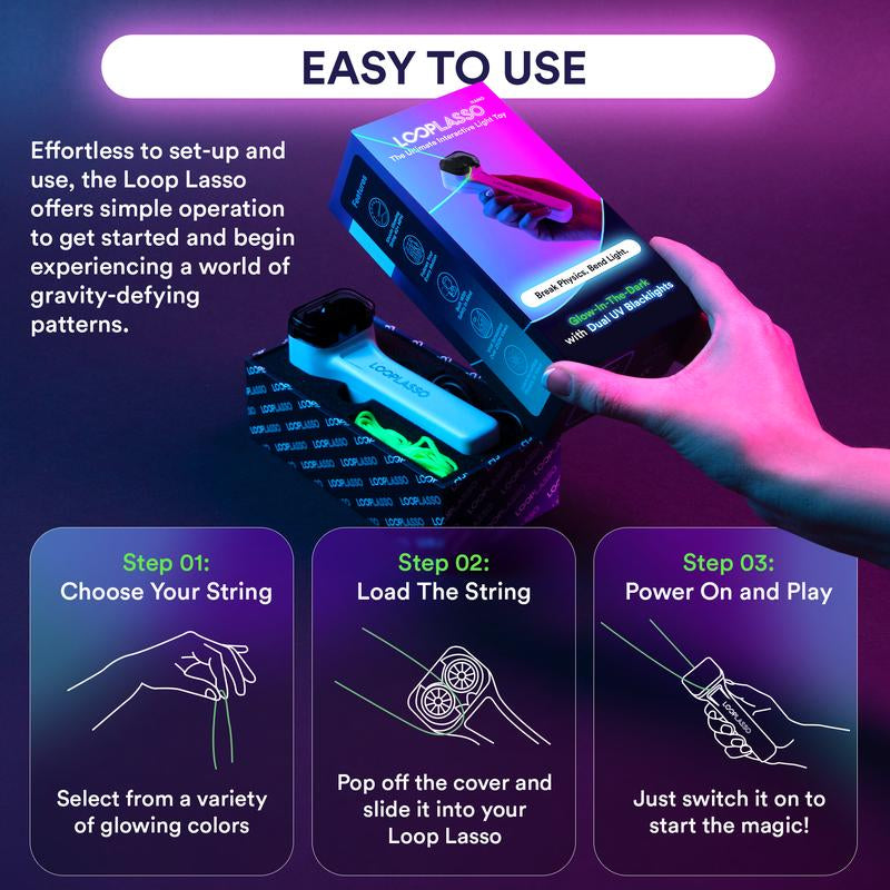 Loop Lasso® NANO - the Original Glow-In-The-Dark String Shooter Toy W/ Dual Built-In UV Blacklights - Safe Fun Adult & Kids Rope Launcher Gift - Viral Fidget Toy Gadget - Music Festival Rave Dance Accessory