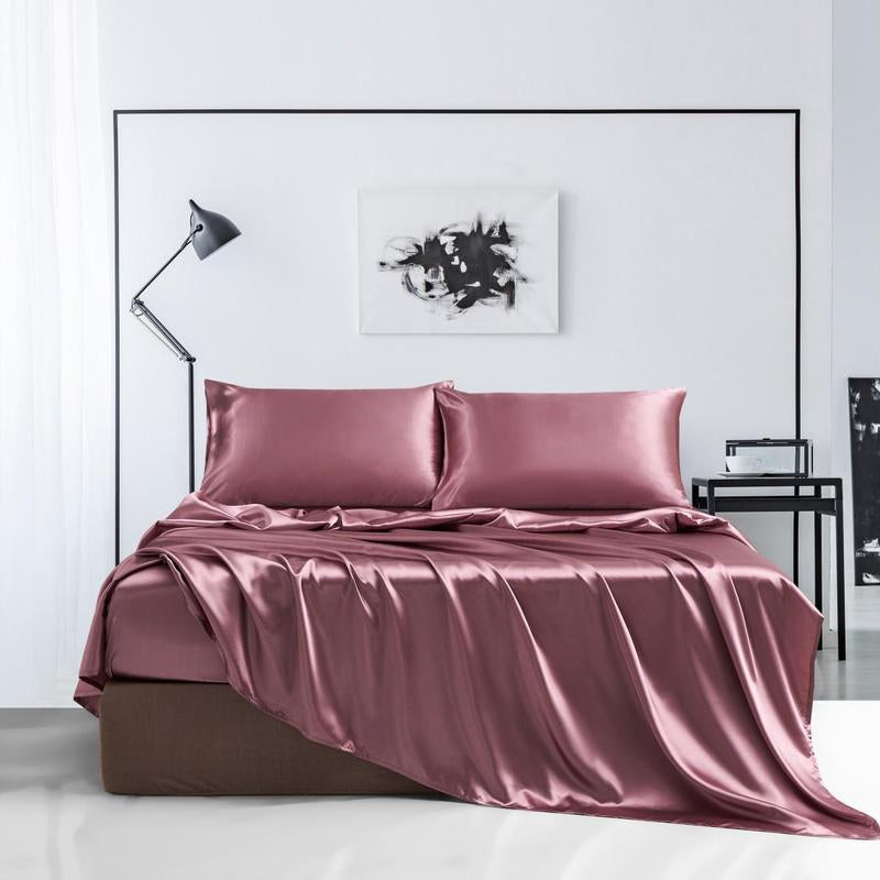 Solid Color Satin Bedding Set, 3/4 Counts Luxury Bedroom Microfiber Sheets Includes 1 Flat Sheet, 1 Fitted Sheet, and 1/2 Pillowcase without Filler, Room Accessories Soft Mattress Protector, Silky Fitted Sheet, Breathable Sheets, Bed Sets, Bedset