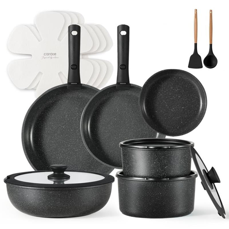 [Official] CAROTE 18Pcs Detachable Handle Nonstick Cookware Set, Blue/Green/Black/Taupe/White, Pots and Pans, Oven Safe Frying Pan, Dishwasher Safe