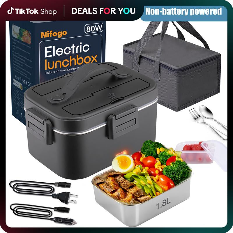 Nifogo Electric Lunch Box, 80W Food Heater 1,8L for Adults Portable Food Heater with Tableware and Lunch Bag, Car & Home Portable Electronic Food Heater for Home Office Travel