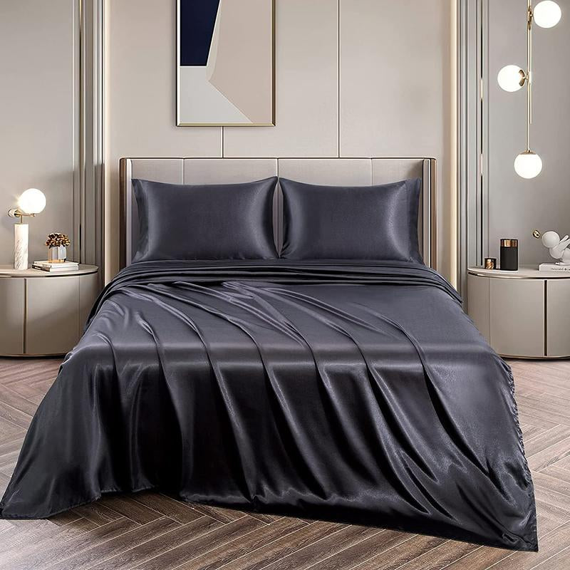 Solid Color Satin Bedding Set, 3/4 Counts Luxury Bedroom Microfiber Sheets Includes 1 Flat Sheet, 1 Fitted Sheet, and 1/2 Pillowcase without Filler, Room Accessories Soft Mattress Protector, Silky Fitted Sheet, Breathable Sheets, Bed Sets, Bedset