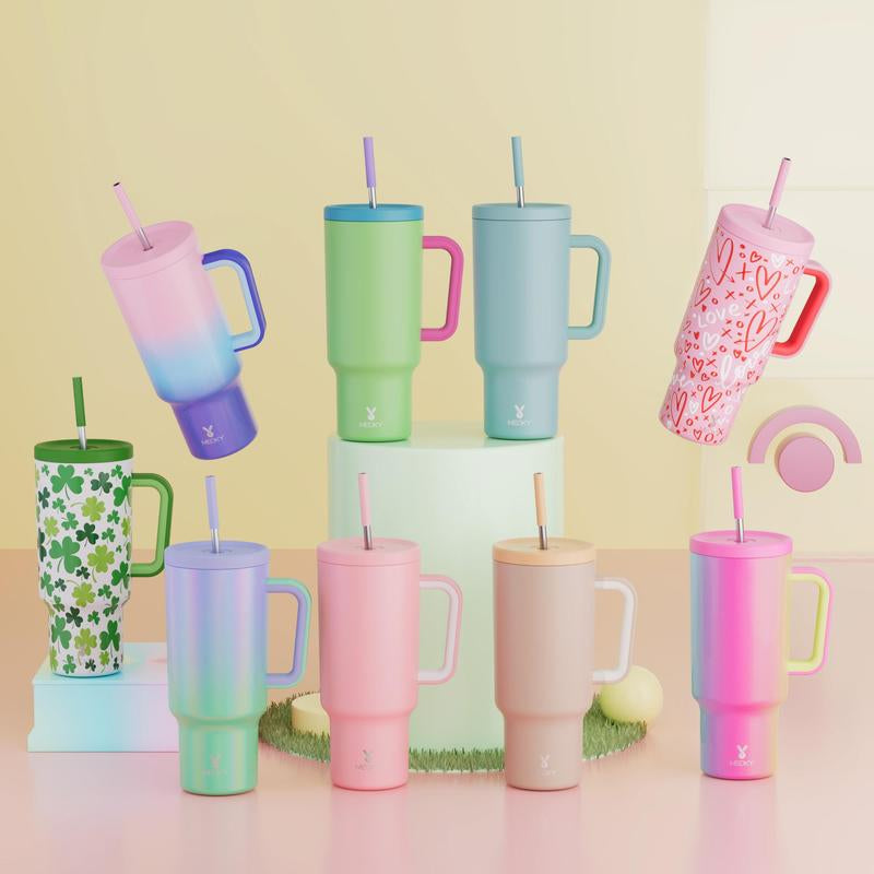 【Meoky】40Oz Classic Straw Handle Cup, Multi-Grid Ice Cube Mold, Leak-Proof Cup Lid, Silicone Handle, Non-Slip Noise Reduction Pad at the Bottom, Stainless Steel Thermos Cup, Wide Mouth and Narrow Bottom, Valentine'S Day Gift, Tumbler Cups
