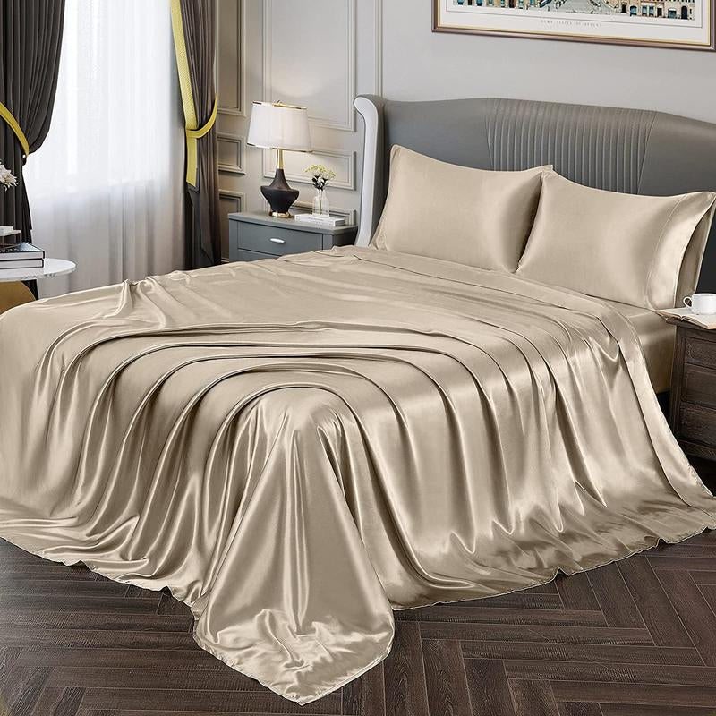 Solid Color Satin Bedding Set, 3/4 Counts Luxury Bedroom Microfiber Sheets Includes 1 Flat Sheet, 1 Fitted Sheet, and 1/2 Pillowcase without Filler, Room Accessories Soft Mattress Protector, Silky Fitted Sheet, Breathable Sheets, Bed Sets, Bedset