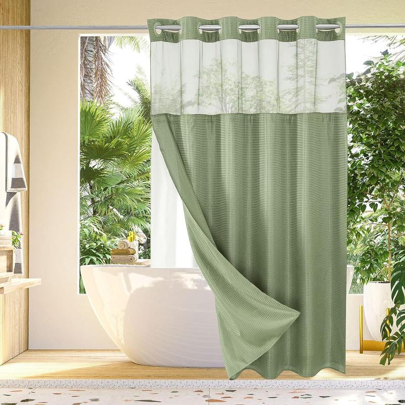 Waffle Pattern Shower Curtain, 1 Count Double Layer Waterproof Shower Curtain, Removable Shower Curtain with Snaps, Bathroom Supplies, Shower Essentials