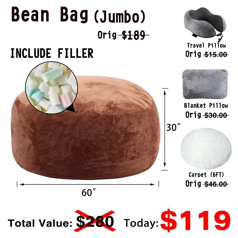 3Ft/4Ft/5'Ft/Jumbo(With Filler) Bean Bag Lazy Sofa Beanbag Chair Ship Free High-Rebound Memory Foam Furniture Flannel Cover Removable