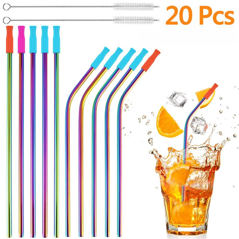 20 Pcs Stainless Steel Straws Reusable Drinking Straws Colorful Curved Straight Straws with Cleaning Brush Storage Bag and 20 Silicone Tips Metal Straws Fit for 16 and 20 Oz Tumbler Cups