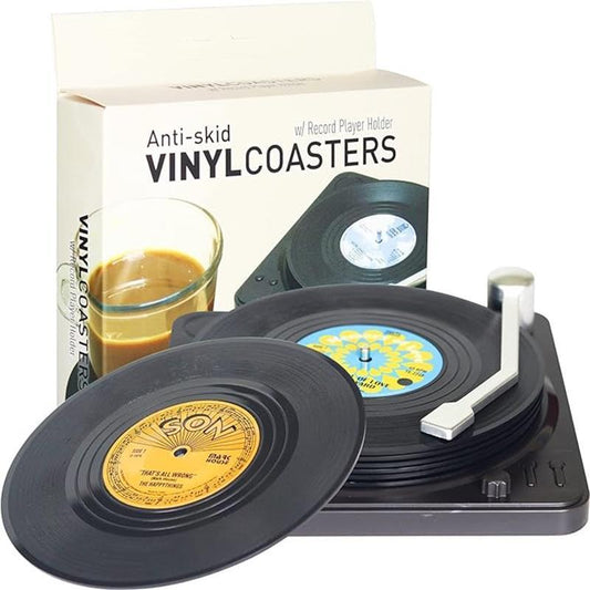 6Pcs Funny Retro Record Coasters for Drinks with Vinyl Player Holder for Music Lovers Stylish Tableware
