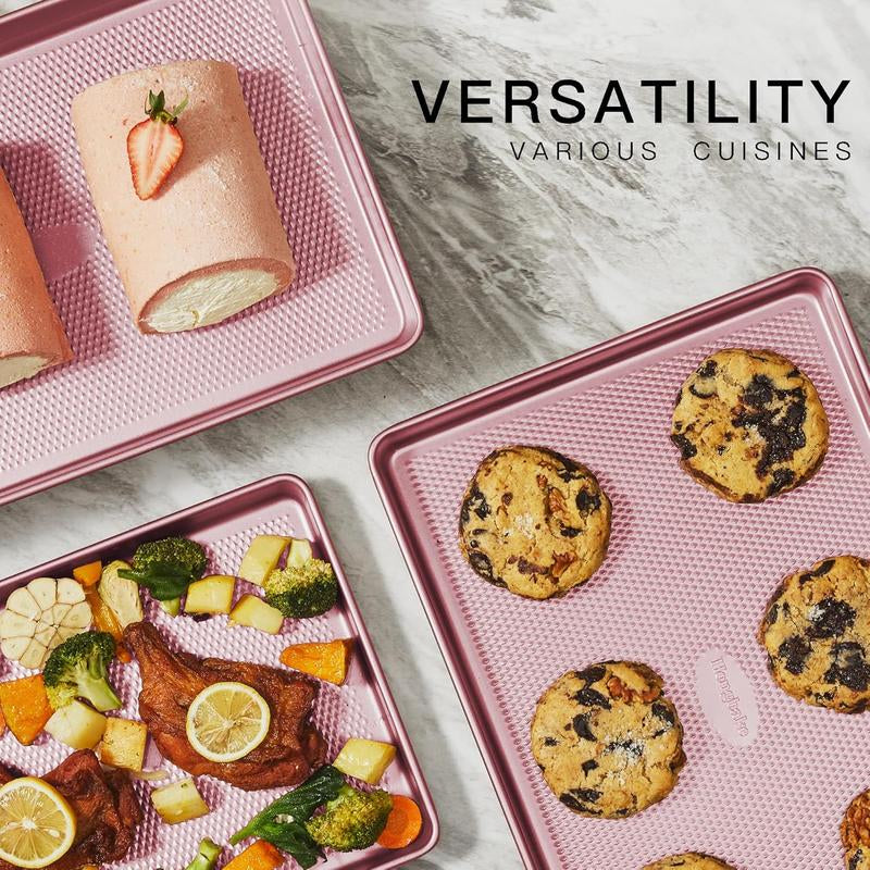 [Dealsforyou]Hongbake Diamond-Texture Baking Sheet Pan Set, Non-Stick Cookie Sheets, Teflon-Free Heavy Duty Bakeware - 3 Sizes, Baker, Pink Kitchenware Cooking