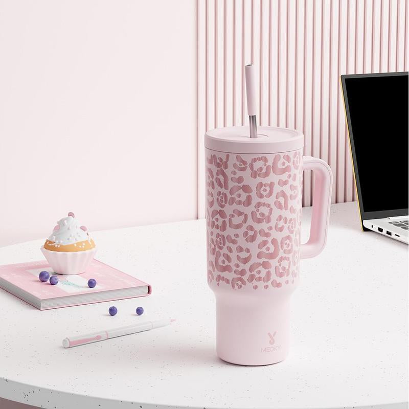 40Oz Patterned Straw Handle Cup, 1 Count Multi-Grid Ice Cube & Leak-Proof Cup Lid with Silicone Handle, Insulated Wide Mouth and Narrow Bottom for Easy Cleaning and Car Loading