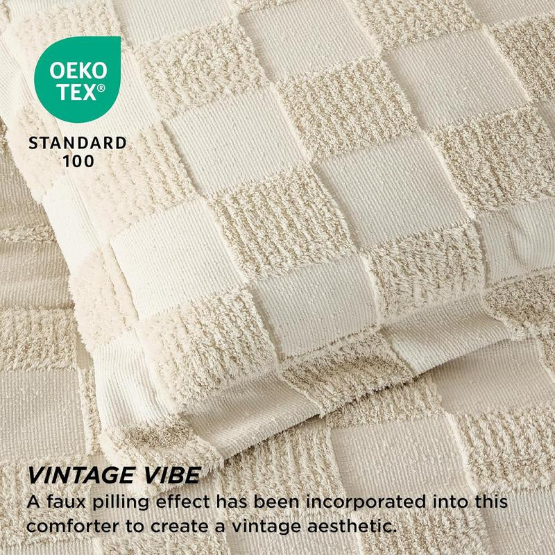 Bedsure 3- Pieces Comforter Set,Boho Tufted Bed Set, Checkered Farmhouse Shabby Chic Bedding, 1 Plaid Geometric Comforter and 2 Pillow Shams