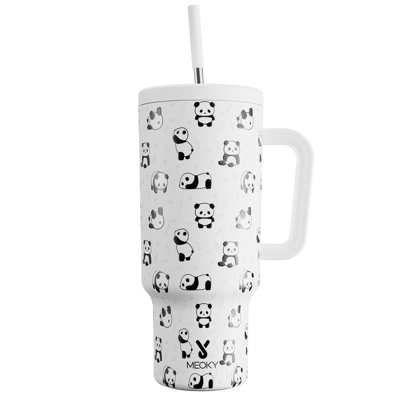 40Oz Patterned Straw Handle Cup, 1 Count Multi-Grid Ice Cube & Leak-Proof Cup Lid with Silicone Handle, Insulated Wide Mouth and Narrow Bottom for Easy Cleaning and Car Loading