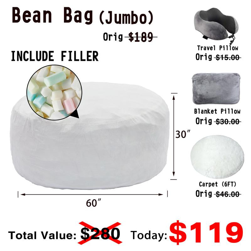 3Ft/4Ft/5'Ft/Jumbo(With Filler) Bean Bag Lazy Sofa Beanbag Chair Ship Free High-Rebound Memory Foam Furniture Flannel Cover Removable