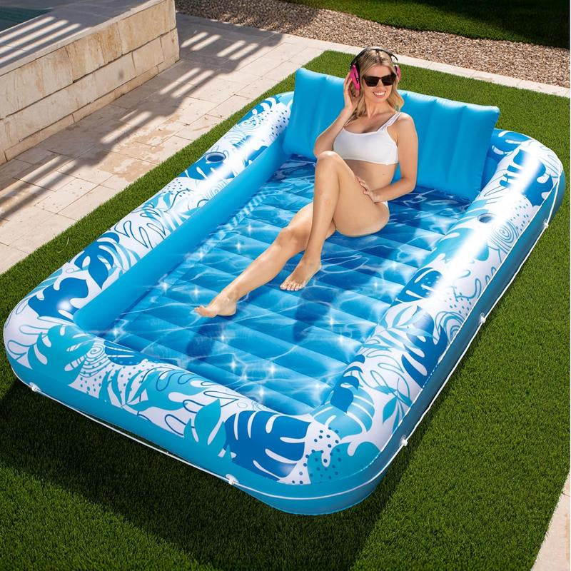 Sloosh-L/Xl Inflatable Tanning Pool Lounge Float with Cup Holder, 70“X46”/85″ X 57″ Extra Large Pool Floats Adult with Pillow, 4 in 1 Suntan Tub Raft Floatie, Sunbathing Bed Lounge for Water Blow up Kids Ball Pit Party Gifts, Inflatable Sofa Pool