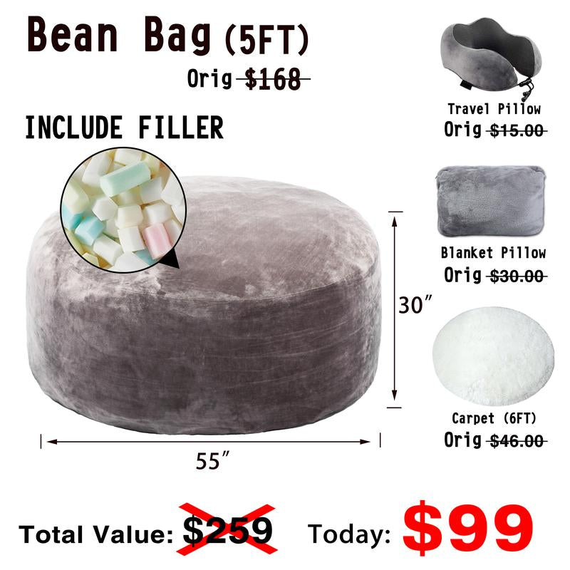 3Ft/4Ft/5'Ft/Jumbo(With Filler) Bean Bag Lazy Sofa Beanbag Chair Ship Free High-Rebound Memory Foam Furniture Flannel Cover Removable
