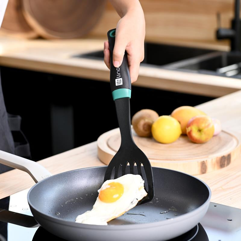 Nylon Cooking Utensils Set,Linoroso 7 Pieces Elevate Kitchen Utensil Set with Exquisite Rotating Stand, Innovative Weighted Handle, Easy to Clean, Black & Peacock Green (BPA Free, Non Toxic) Spoon Spatula Turner Ladle Skimmer Sturdy