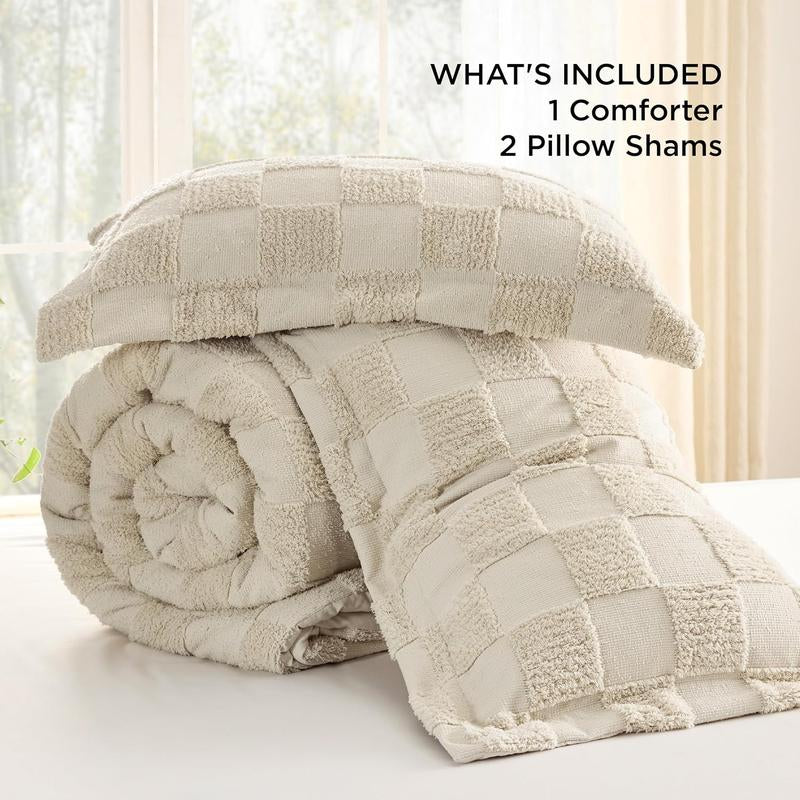 Bedsure 3- Pieces Comforter Set,Boho Tufted Bed Set, Checkered Farmhouse Shabby Chic Bedding, 1 Plaid Geometric Comforter and 2 Pillow Shams