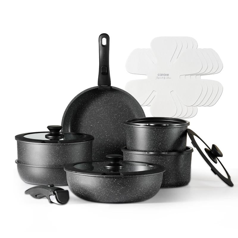 [Official] CAROTE 18Pcs Detachable Handle Nonstick Cookware Set, Blue/Green/Black/Taupe/White, Pots and Pans, Oven Safe Frying Pan, Dishwasher Safe