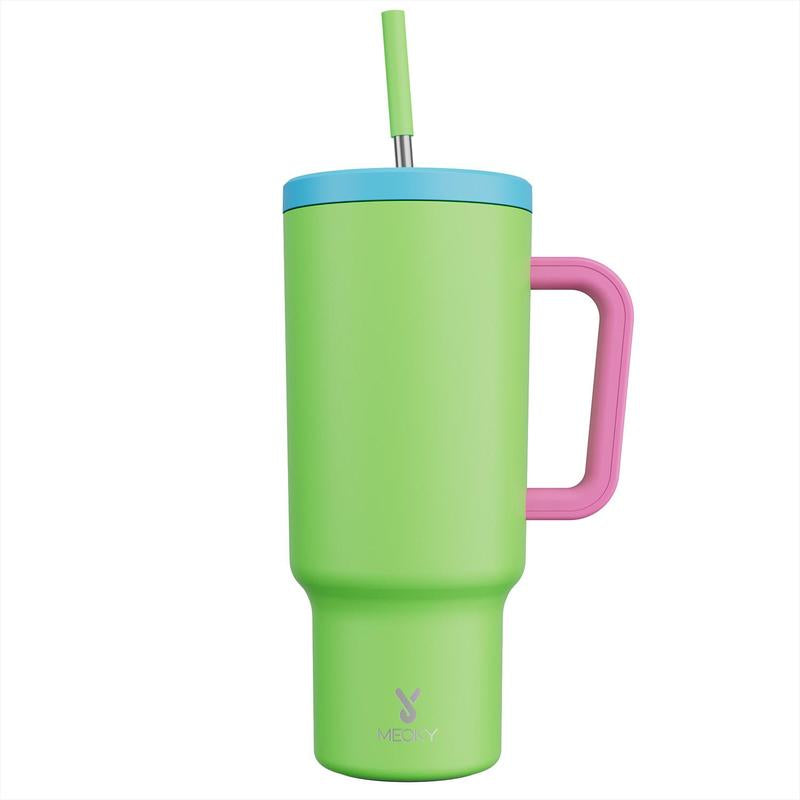 【Meoky】40Oz Classic Straw Handle Cup, Multi-Grid Ice Cube Mold, Leak-Proof Cup Lid, Silicone Handle, Non-Slip Noise Reduction Pad at the Bottom, Stainless Steel Thermos Cup, Wide Mouth and Narrow Bottom, Valentine'S Day Gift, Tumbler Cups