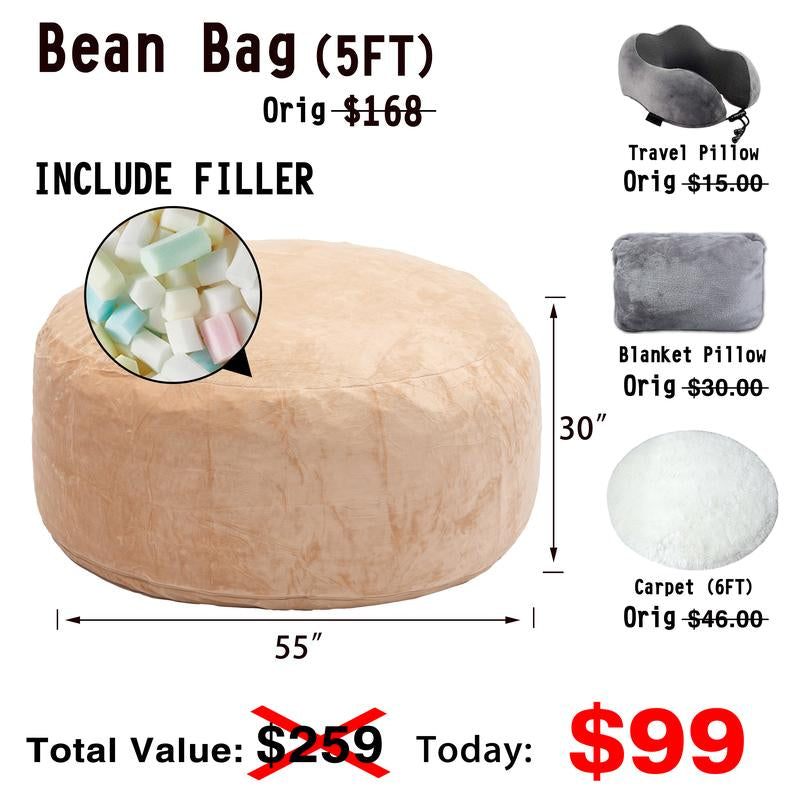 3Ft/4Ft/5'Ft/Jumbo(With Filler) Bean Bag Lazy Sofa Beanbag Chair Ship Free High-Rebound Memory Foam Furniture Flannel Cover Removable