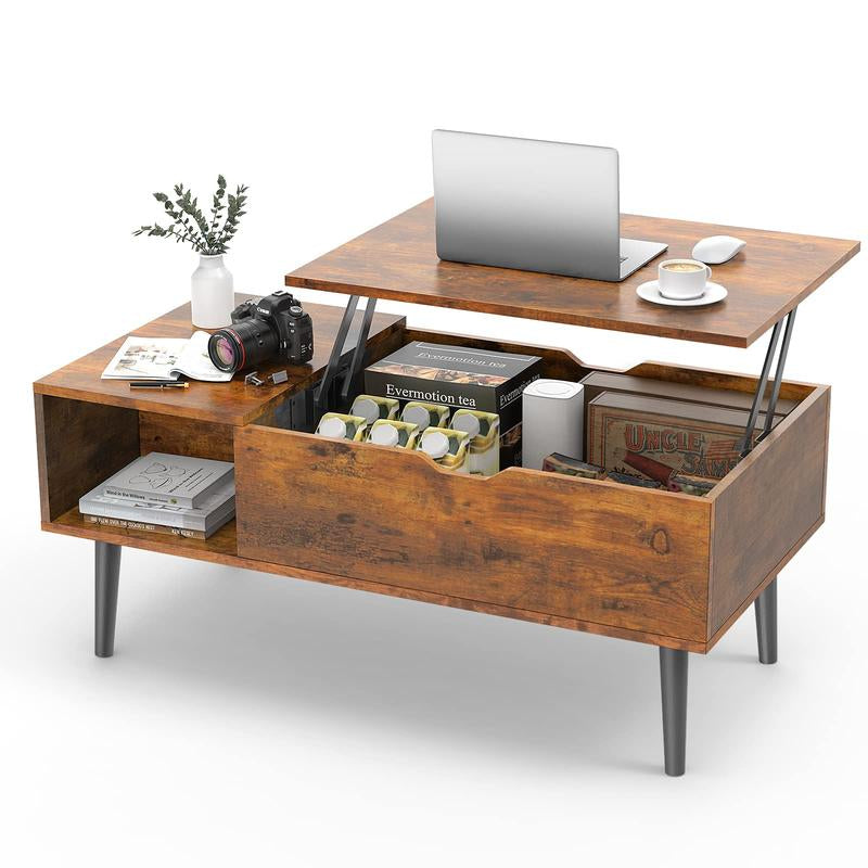 【Back to School】Sweetfurniture Fully Assembled Wooden Center Table, Fluted Lift Top Coffee Table with Hidden Compartment, Modern Lift Tabletop for Home Living Room Office