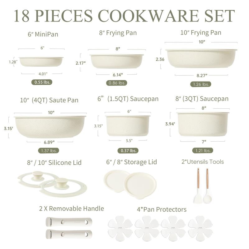 [Official] CAROTE 18Pcs Detachable Handle Nonstick Cookware Set, Blue/Green/Black/Taupe/White, Pots and Pans, Oven Safe Frying Pan, Dishwasher Safe