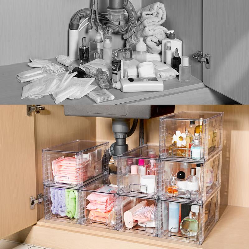 Vtopmart Transparent Stackable Drawer Organizer with Handles for Bathroom Kitchen Pantry under Sink Cabinet Closet Makeup Multifunctional Storage Solution 5-10Kg Capacity