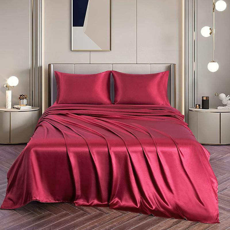 Solid Color Satin Bedding Set, 3/4 Counts Luxury Bedroom Microfiber Sheets Includes 1 Flat Sheet, 1 Fitted Sheet, and 1/2 Pillowcase without Filler, Room Accessories Soft Mattress Protector, Silky Fitted Sheet, Breathable Sheets, Bed Sets, Bedset