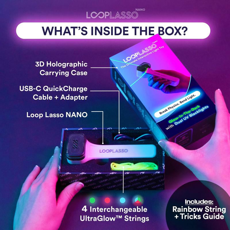 Loop Lasso® NANO - the Original Glow-In-The-Dark String Shooter Toy W/ Dual Built-In UV Blacklights - Safe Fun Adult & Kids Rope Launcher Gift - Viral Fidget Toy Gadget - Music Festival Rave Dance Accessory