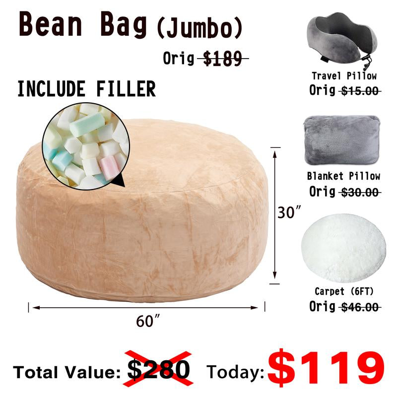 3Ft/4Ft/5'Ft/Jumbo(With Filler) Bean Bag Lazy Sofa Beanbag Chair Ship Free High-Rebound Memory Foam Furniture Flannel Cover Removable