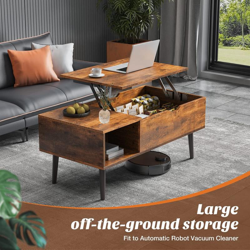 【Back to School】Sweetfurniture Fully Assembled Wooden Center Table, Fluted Lift Top Coffee Table with Hidden Compartment, Modern Lift Tabletop for Home Living Room Office