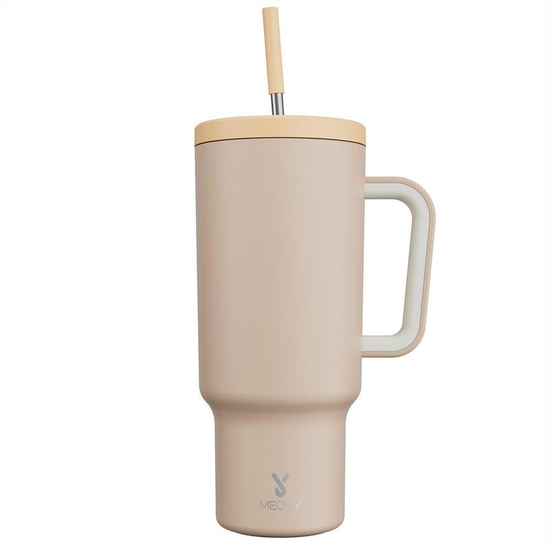 【Meoky】40Oz Classic Straw Handle Cup, Multi-Grid Ice Cube Mold, Leak-Proof Cup Lid, Silicone Handle, Non-Slip Noise Reduction Pad at the Bottom, Stainless Steel Thermos Cup, Wide Mouth and Narrow Bottom, Valentine'S Day Gift, Tumbler Cups