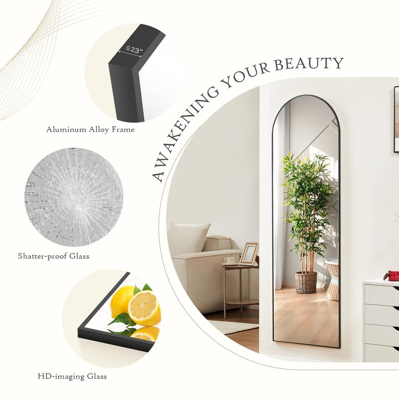 Full Length Mirror, Floor Standing Mirror with Stand, Wall Aluminum Alloy Thin Frame Hanging or Leaning for Living Room Bedroom Cloakroom Decorating