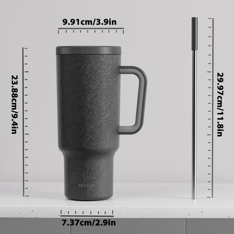 【Meoky】40Oz Classic Straw Handle Cup, Multi-Grid Ice Cube Mold, Leak-Proof Cup Lid, Silicone Handle, Non-Slip Noise Reduction Pad at the Bottom, Stainless Steel Thermos Cup, Wide Mouth and Narrow Bottom, Valentine'S Day Gift, Tumbler Cups
