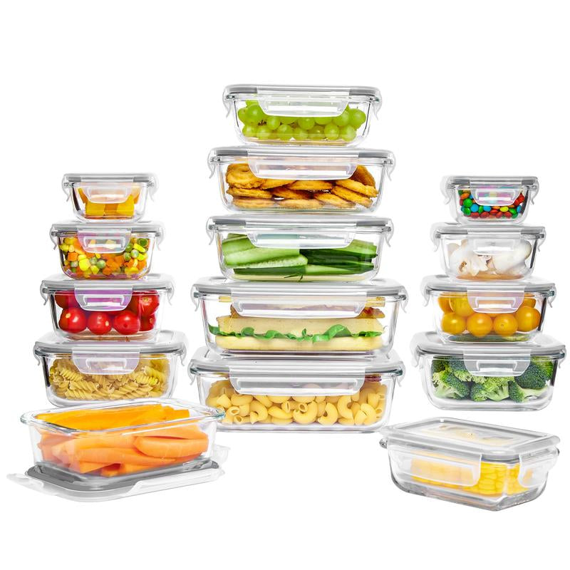 Vtopmart 12- 18 Pack Glass Food Storage Containers with Lids -Stackable Design for Kitchen Utensils Oven Microwave Freezer Dishwasher Kitchenware Square Fridge Organizers Insulated Lunch Compartment Green Rectangle