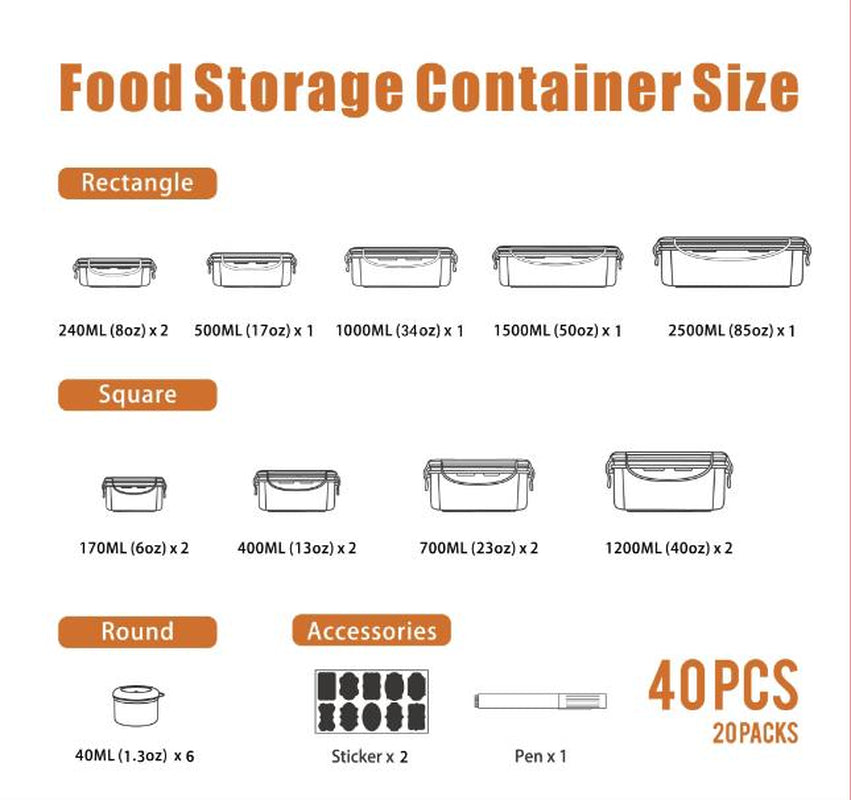 AISOON 40 PCS 85Oz Airtight Food Storage Set (20 Containers & Lids), Bpa-Free,Leakproof, Microwave-Safe,For Kitchen Organization, Fruit Organizer