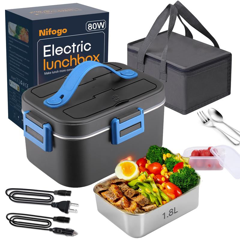 Nifogo Electric Lunch Box, 80W Food Heater 1,8L for Adults Portable Food Heater with Tableware and Lunch Bag, Car & Home Portable Electronic Food Heater for Home Office Travel