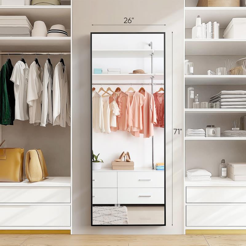 Full Length Mirror, Floor Standing Mirror with Stand, Wall Aluminum Alloy Thin Frame Hanging or Leaning for Living Room Bedroom Cloakroom Decorating