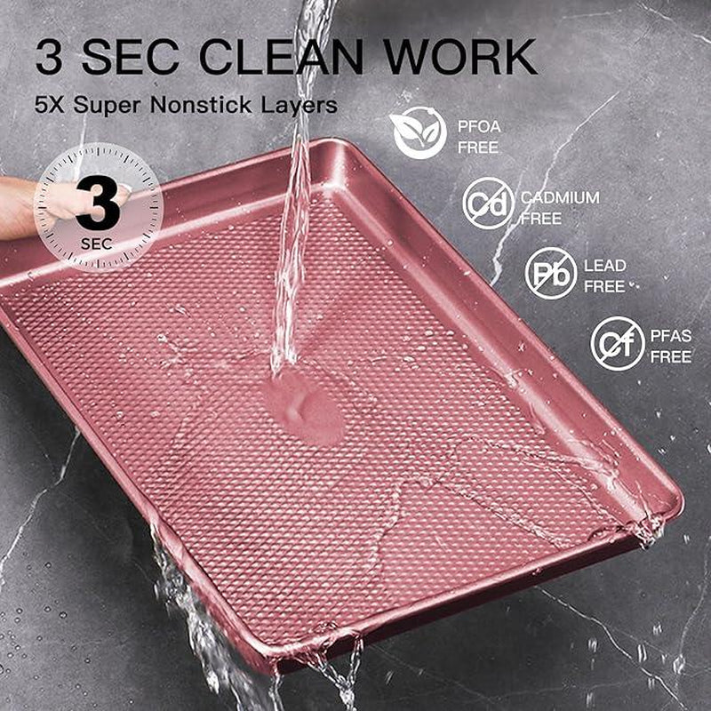[Dealsforyou]Hongbake Diamond-Texture Baking Sheet Pan Set, Non-Stick Cookie Sheets, Teflon-Free Heavy Duty Bakeware - 3 Sizes, Baker, Pink Kitchenware Cooking